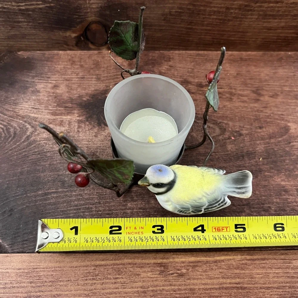 Vintage Metal Branch Votive Candle Holder Ceramic Bird Leaves Red Berries